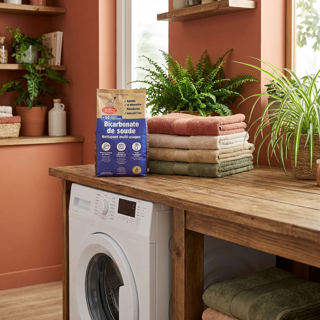 Towels stacked on a wooden surface next to a washing machine with a kraft paper bag of baking soda in a laundry room.