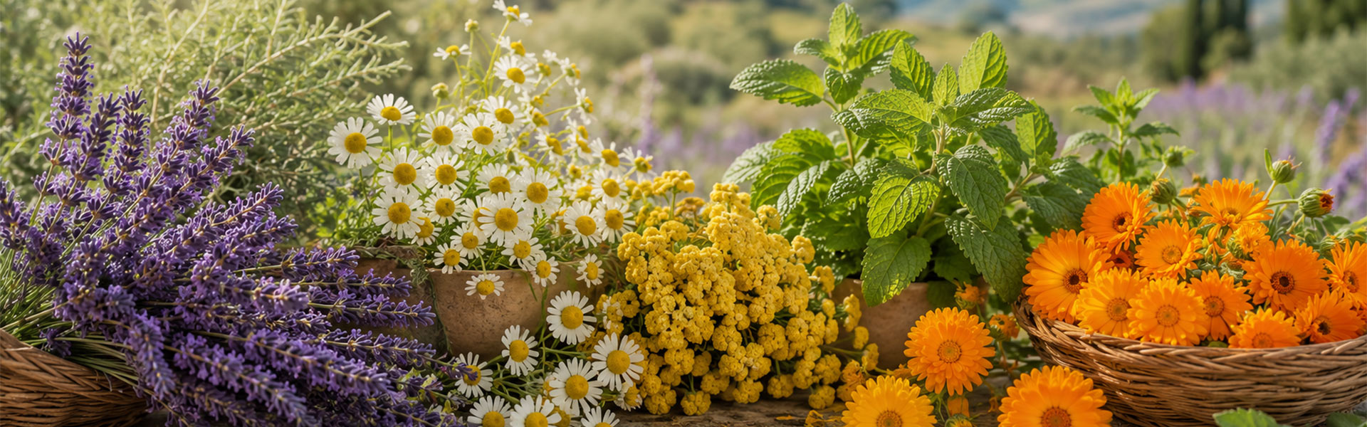 Baskets of lavender, german chamomile, helichrysum, and calendula flowers in a garden setting.