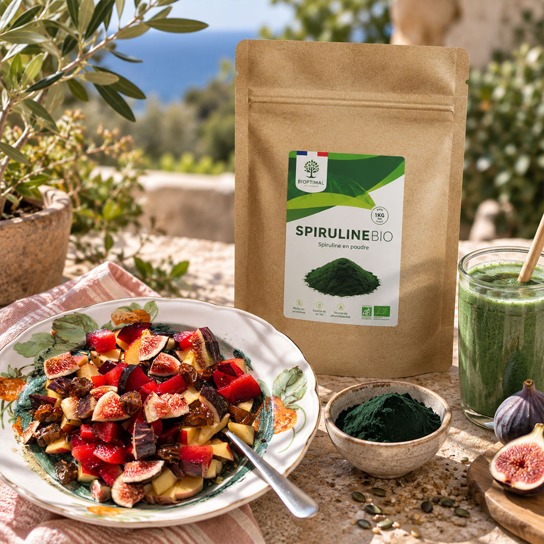 A kraft stand-up pouch labeled Spiruline Bio stands on a stone surface outdoors, surrounded by a colorful fruit and nut salad, a small bowl of dark green powder, a glass of green drink, and figs. The scene includes a real outdoor environment with plants and a blurred landscape background, so this is Lifestyle rather than Product/Packaging.