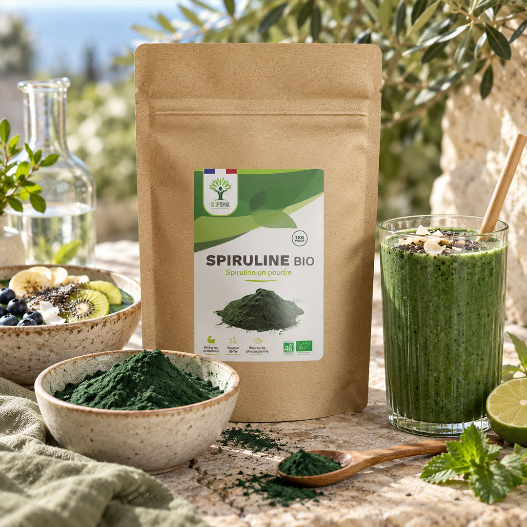 A stand-up kraft paper pouch labeled 'Spiruline Bio' stands on a stone surface outdoors, surrounded by bowls of green powder, a glass of green drink with a straw, lime, mint, and fruit. The product packaging is centered and clearly visible, with a real outdoor setting in the background.