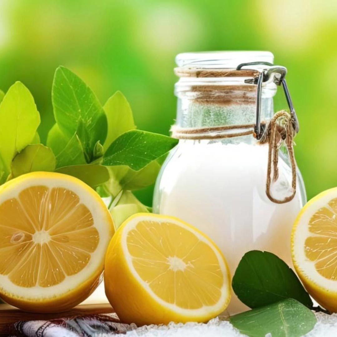 Environmentally friendly laundry products made with homemade ingredients lemon salt baking soda washing soda on a green backdrop - Elliotti