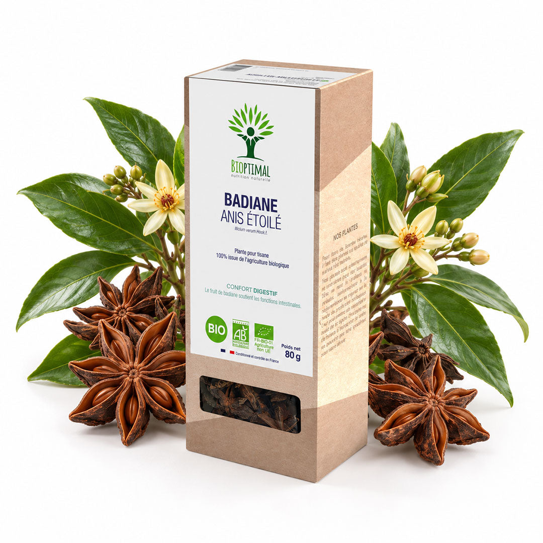A box of Bioptimal Badiane Anis Etoile (star anise) displayed on a white background, styled with fresh star anise, green leaves, and small white flowers.