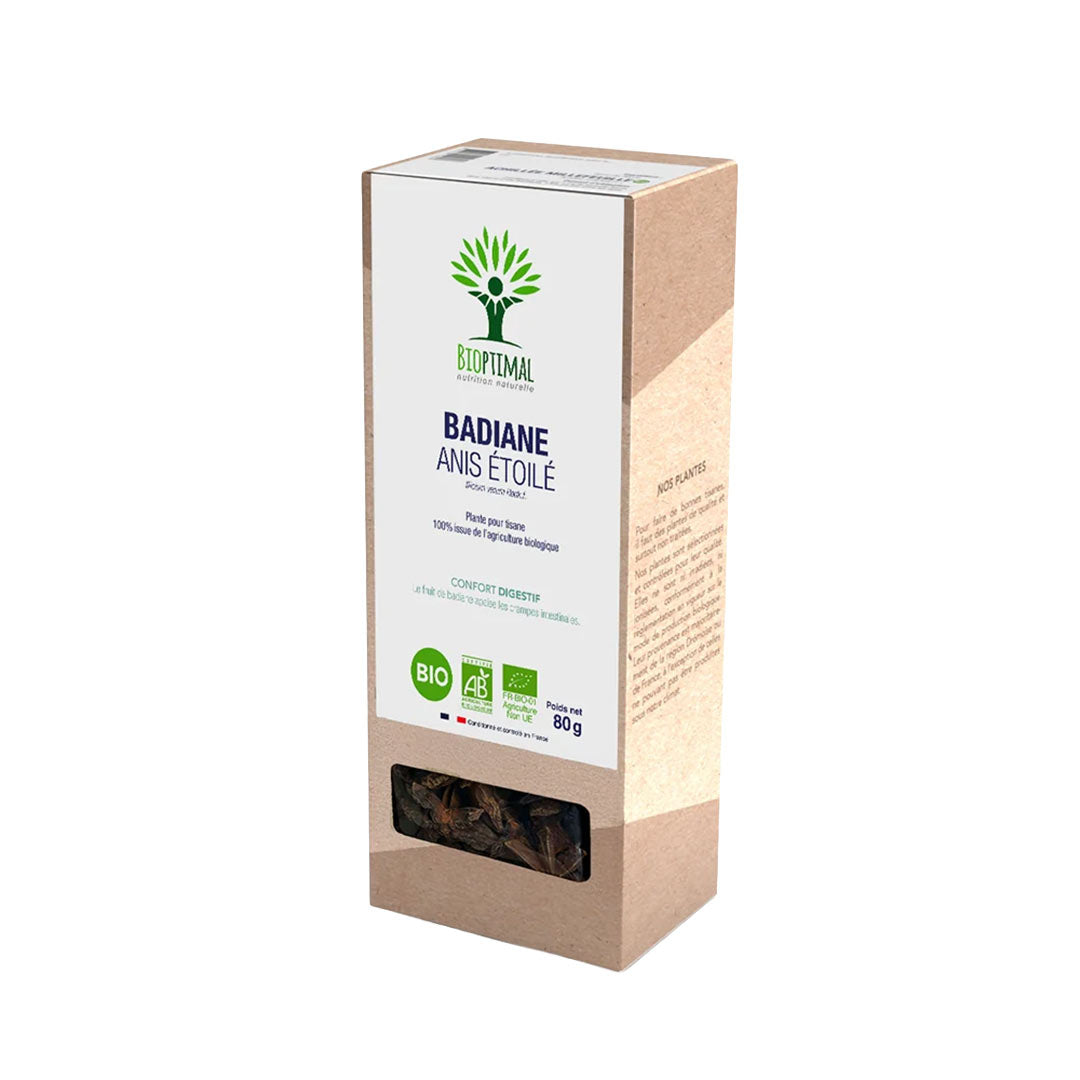 A tall rectangular cardboard box of Bioptimal Badiane Anis Etoilé (Star Anise Infusion) on a plain white background. 