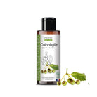 A bottle of Propos Nature Calophylle  (Tamanu) vegetable oil with a black cap and white label, shown on a white background with a small branch of green calophylle berries and leaves placed beside it.