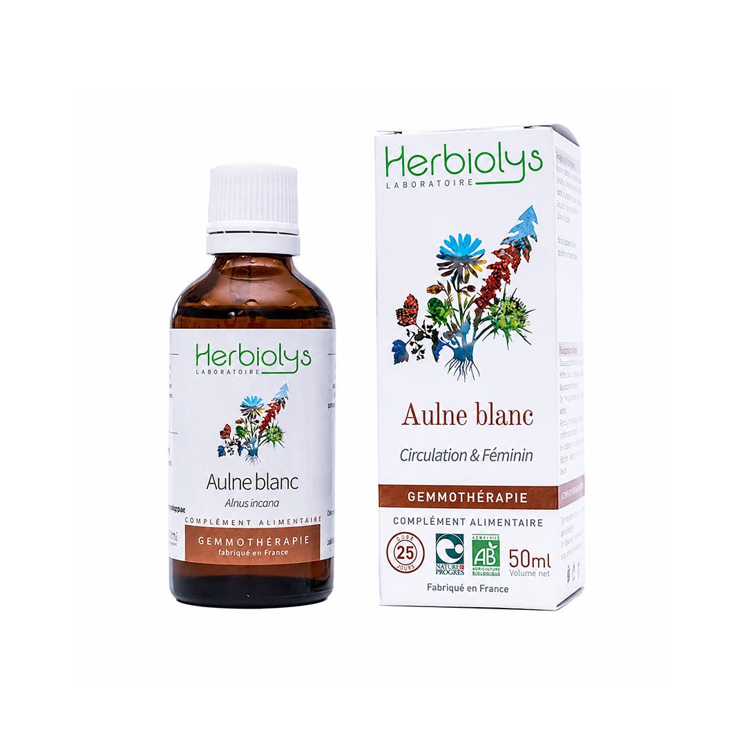 A bottle and box of Herbiolys Aulne blanc gemmotherapy supplement on a plain white background.