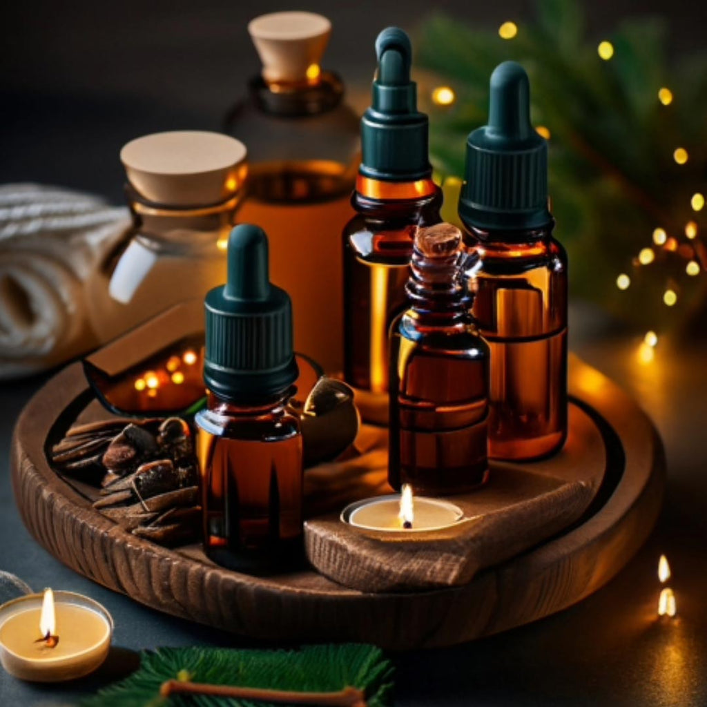 A dark wooden tray with amber glass bottles for mixing essential oil blends and candle lights burning with a spruce garland with lights in the back